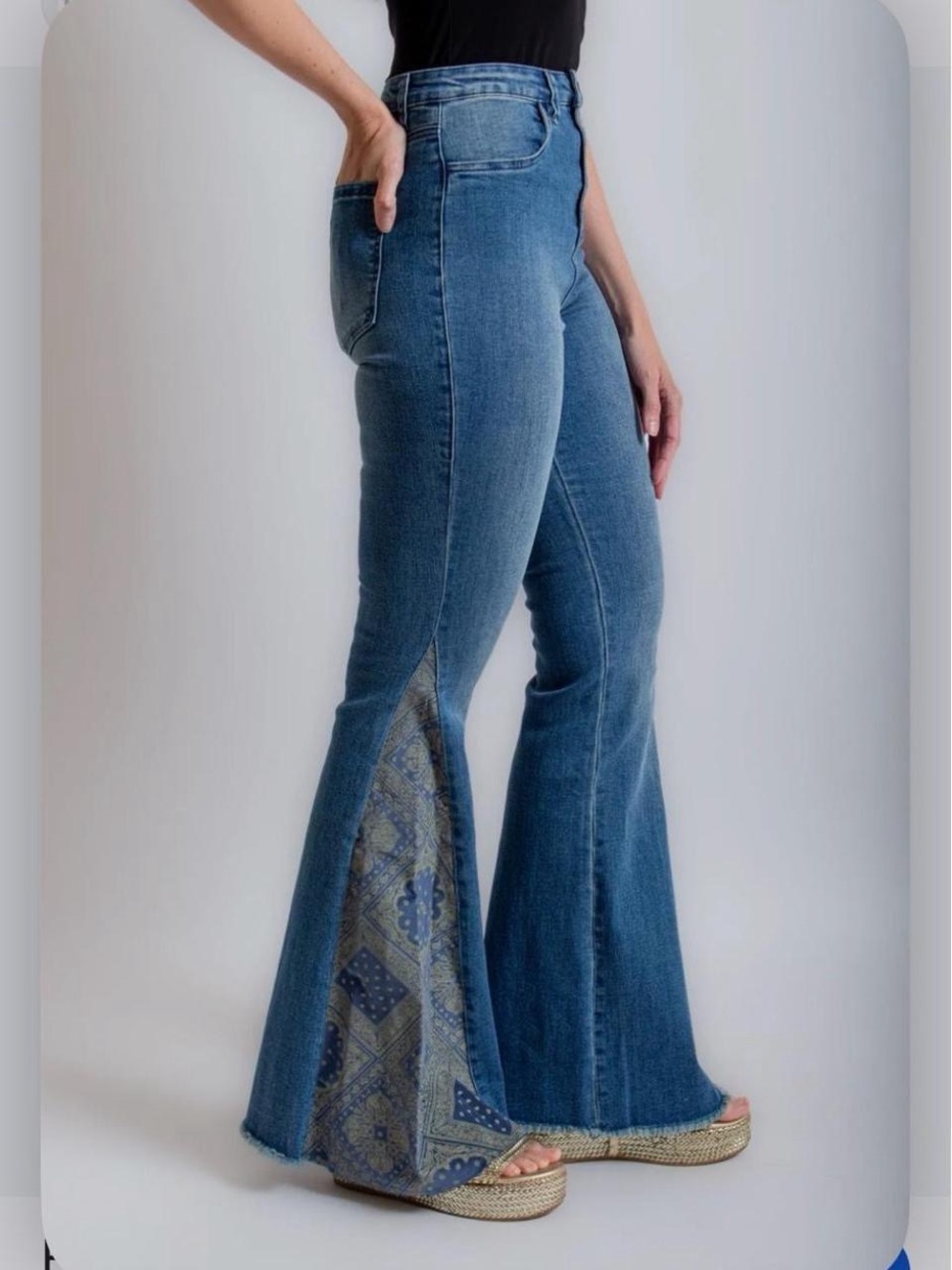 Tractr High-Waisted Blue Flare Jeans with bandana Side Inset